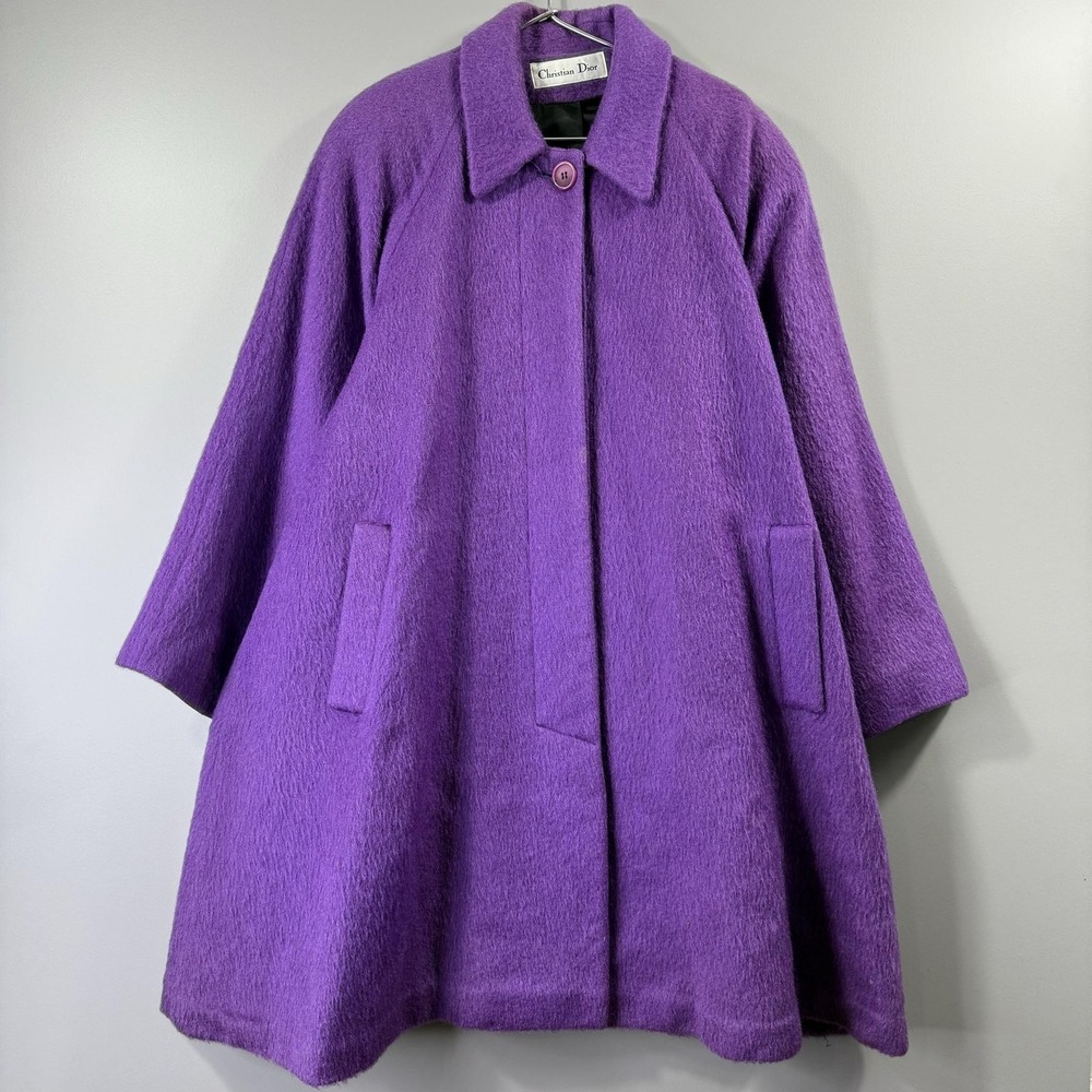 Vintage Christian Dior Coat Womens 12 Purple Wool Tweed Mid Length Overcoat